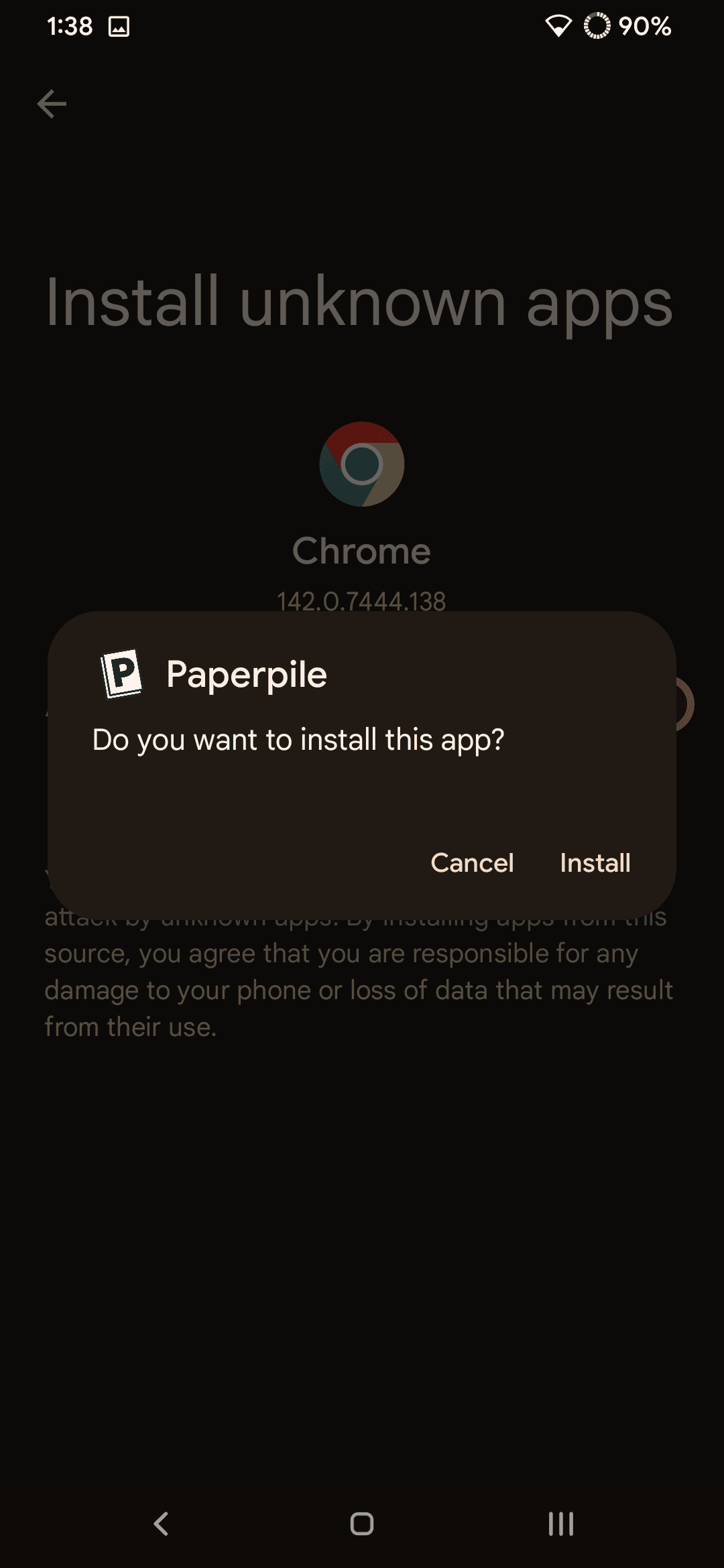 An Android dialog headed Paperpile asking “Do you want to install this app?” with Cancel and Install buttons, over the greyed-out “Install unknown apps” screen.